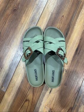 Muk Luks Light Olive Green Slide Sandals with Brown Buckle